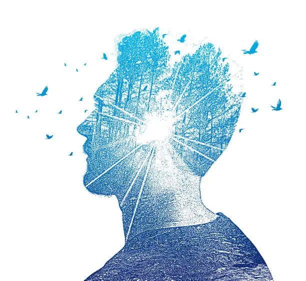 Vector illustration of Multiple Exposure of young man and nature