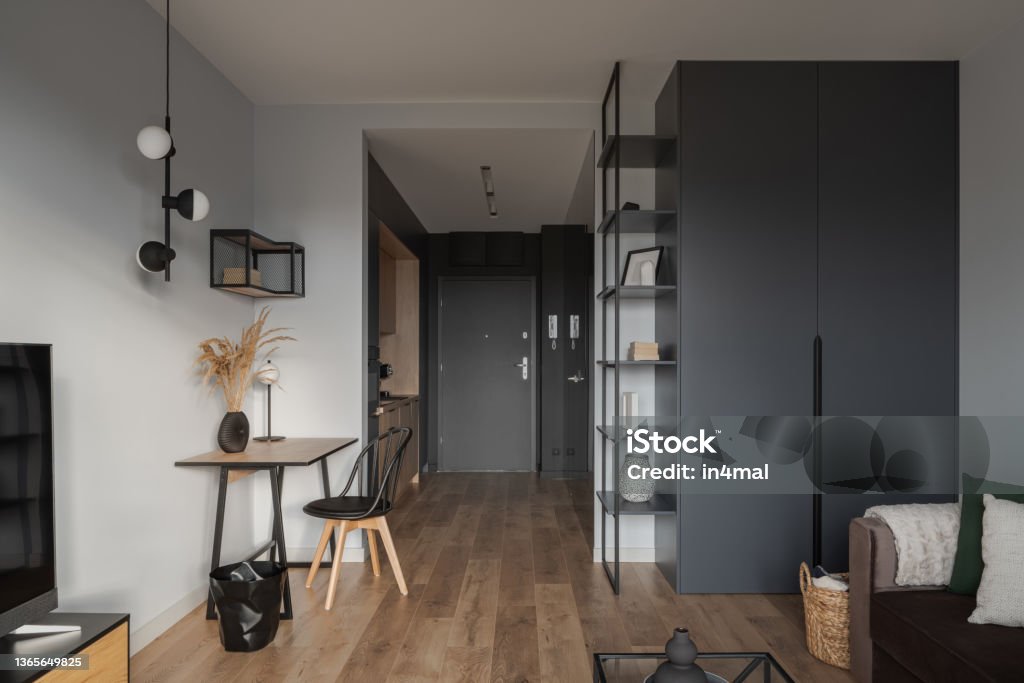 Stylish micro apartment for one Stylish micro apartment for one, with living room open to home office and kitchen in corridor Apartment Stock Photo