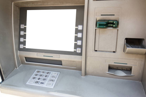 istock Silver ATM with blank white screen. Finance concept. 1365650748