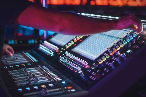 istock Hand with sound recording studio mixer 1365651904