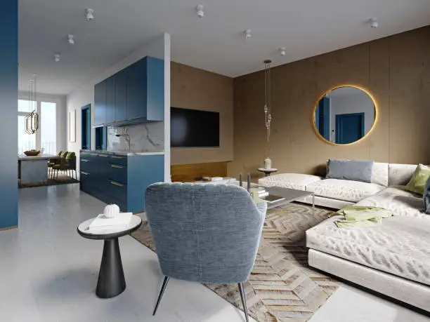 Studio apartment with blue kitchen furniture and white with brown walls and a living room with a soft sofa and armchair and a TV area. 3d rendering.