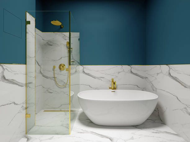 istock A modern white cup-shaped bathtub in the bathroom against a white marble wall. 1365652544