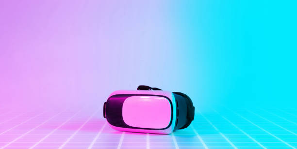 istock Virtual reality VR background. 3d digital glasses on futuristic neon tech background. Cyber space game, NFT game activity lifestyle of future. 1365653293