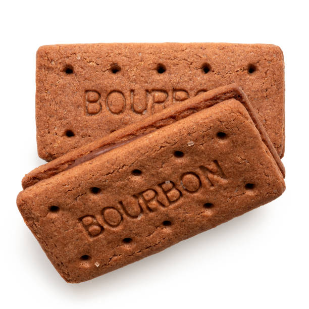 Bourbon cream biscuits. Two Bourbon chocolate cream biscuits isolated on white. Top view. Bourbon Biscuit stock pictures, royalty-free photos & images