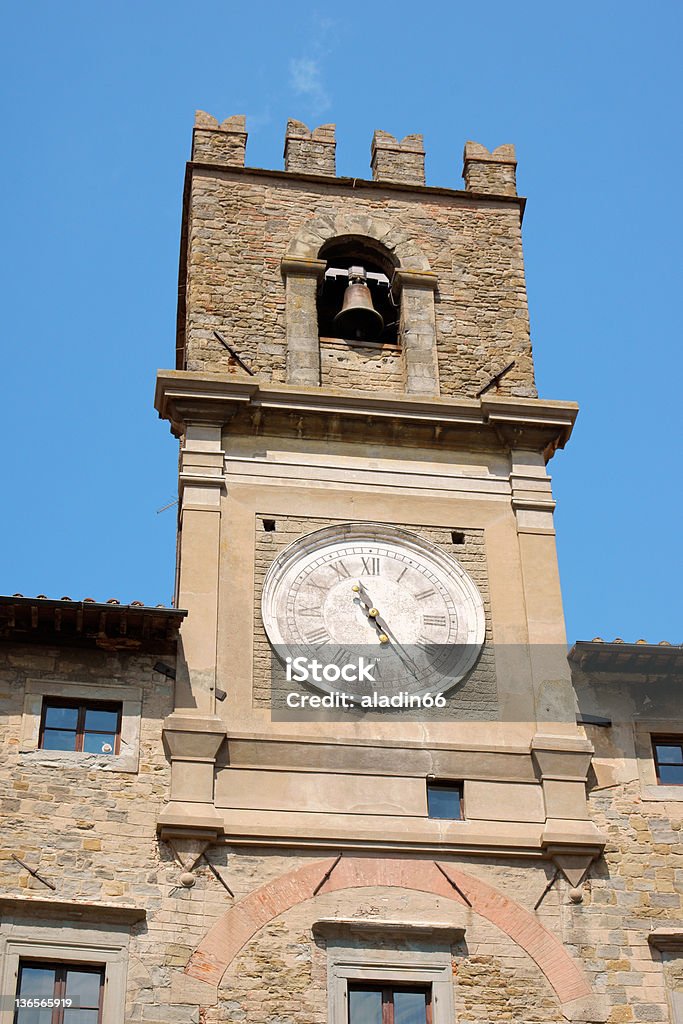 Cortona Town Hall Detail of the 13th century clock tower of Cortona Town Hall in province of Arezzo, Tuscany, Italy. Ancient Stock Photo