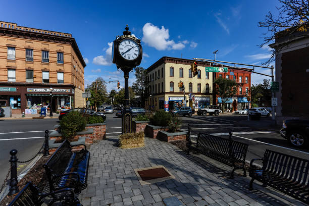 Bustling downtown Madison, NJ, on sunny bright fall afternoon stock photo