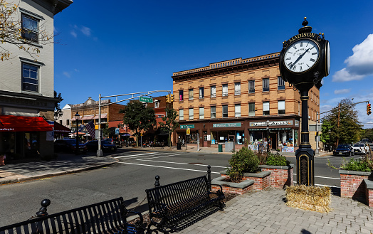 October 14, 2021 - Madison, NJ, USA: Bustling downtown on sunny bright fall afternoon