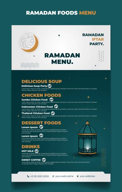 Ramadan menu template in green, white and gold islamic background with lantern design. Iftar mean is breakfasting and arabic text mean is ramadan. Ramadan menu template in green, white and gold islamic background with lantern design. Iftar mean is breakfasting and arabic text mean is ramadan. Also good template for restaurant menu design. wild posting ad stock illustrations
