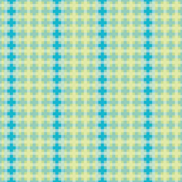 Vector illustration of Retro abstract grid mosaic vector seamless pattern. Blended abstract geo weave striped background.Retro 1960s glitch style. Tiled color block 3d effect criss cross.Blue yellow faux waffle woven effect