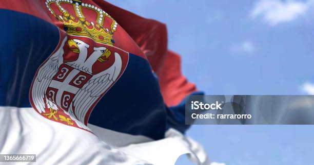 Detail Of The National Flag Of Serbia Waving In The Wind Stock Photo - Download Image Now