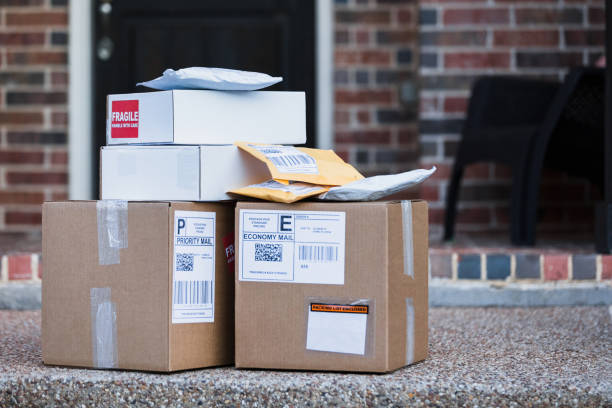 Postman deliver for goods of online shopping, delivery by motocycle for e commerce shopping, online shopping and internet concept