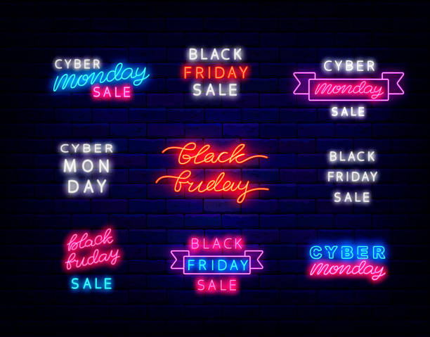 Black friday text collection. Cyber monday sale neon label lettering. Luminous logo. Vector stock illustration Black friday text collection. Cyber monday sale neon label lettering. Luminous logo. Outer glowing effect inscription. Shiny sign. Editable stroke. Vector stock illustration cyber monday stock illustrations