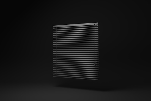 Black venetian blind floating on black background. minimal concept idea. monochrome. 3D render.