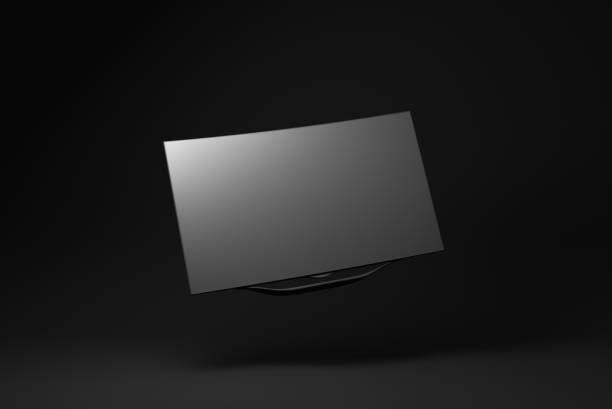 istock black tv floating on black background. minimal concept idea. 3D render. 1365668177