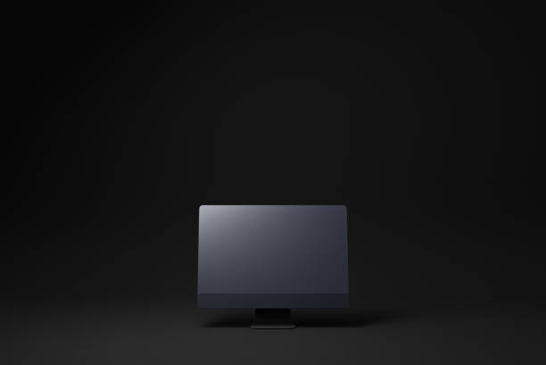 istock Black computer monitor floating on black background. minimal concept idea. 3d render. 1365668211