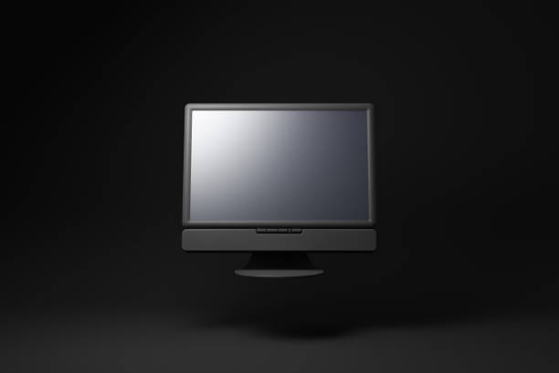 istock Black computer monitor floating on black background. minimal concept idea. 3d render. 1365668214