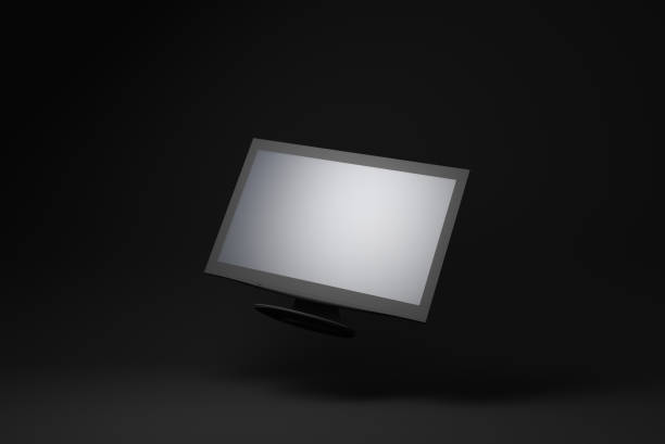 istock Black computer monitor floating on black background. minimal concept idea. 3d render. 1365668215
