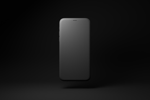 Realistic smartphone floating on black background. minimal concept idea. 3d render.