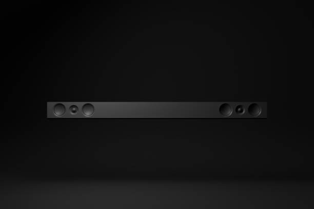 sound bar nera fluttuante su sfondo nero. idea minimale di concetto. monocromatico. rendering 3d. - hi fi foto e immagini stock