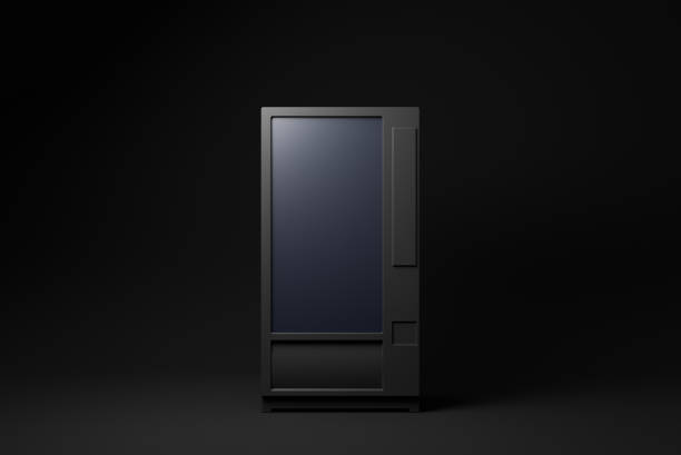 черный торговый автомат, плавающий на черном фоне. минимальная концептуальная идея. монохромный. 3d рендер. - vending machine стоковые фото и изображения