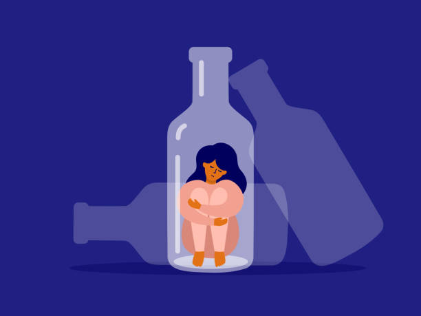Vector illustration of female alcoholism with unhappy woman sitting at alcohol drink bottle bottom hugging her knees Female alcoholism concept. Unhappy woman sitting at bottle bottom hugging her knees. Sad drunk wife or alcoholic mother. Social issue, abuse, addiction. Empty alcohol drink bottles vector Illustration alcohol abuse stock illustrations