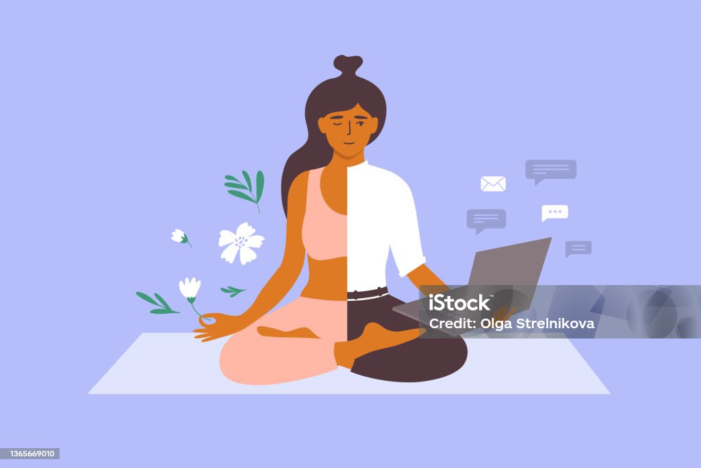 Vector illustration of work life balance concept with business woman meditating on yoga mat holds laptop and flower in hand - Royalty-free Sağlıklı Kalmak Vector Art