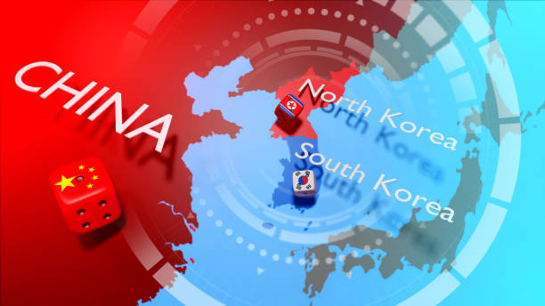 Korea crisis map. North Korea and South Korea military conflict. stock photo