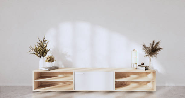istock Tv Cabinet wooden design on white room interior modern style.3D rendering 1365670824