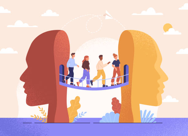 Changing mind thoughts and switch sides for opinion concept Changing mind thoughts and switch sides for opinion concept. Confused men and women can not make decisions and walk across bridge between halves of head. Cartoon modern flat vector illustration people on bridge stock illustrations