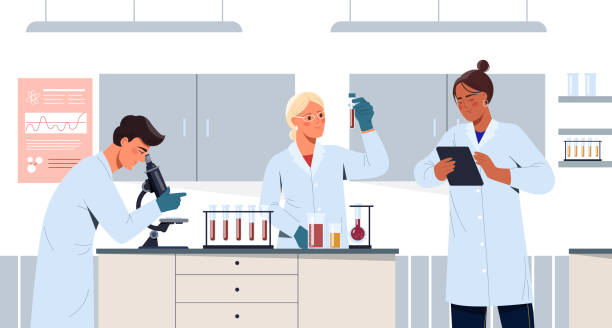 ilustraciones, imágenes clip art, dibujos animados e iconos de stock de las personas trabajan en el concepto de laboratorio de ciencias del desarrollo de vacunas - laboratorio