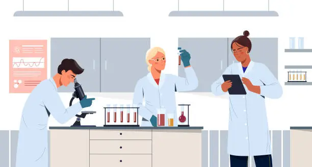 Vector illustration of People work in vaccine development science laboratory concept