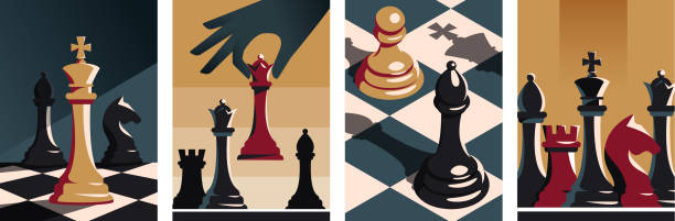Collection of chess posters Collection of chess posters. Colorful templates with various chess pieces, checkered board and game strategy. Intellectual entertainment. Cartoon flat vector collection isolated on white background chess stock illustrations