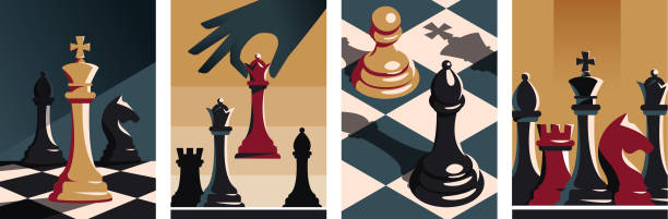 Collection of chess posters Collection of chess posters. Colorful templates with various chess pieces, checkered board and game strategy. Intellectual entertainment. Cartoon flat vector collection isolated on white background chess piece stock illustrations