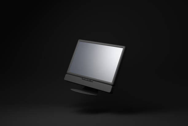 istock Black computer monitor floating on black background. minimal concept idea. 3d render. 1365672761