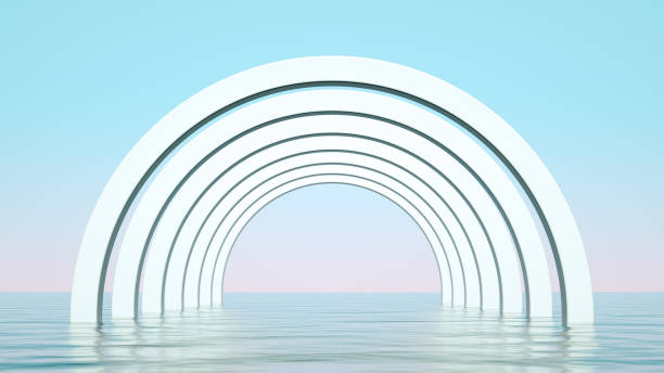 Abstract seascape with arches tunnels corridor on the sea minimal background, 3d render.