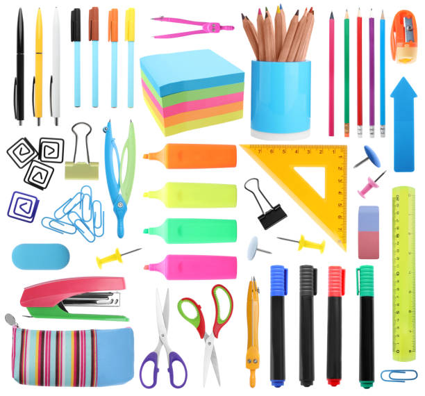 istock Set of bright school stationery on white background 1365676712