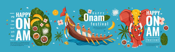 illustrazioni stock, clip art, cartoni animati e icone di tendenza di concetto di happy onam festival - elephant art creativity decoration