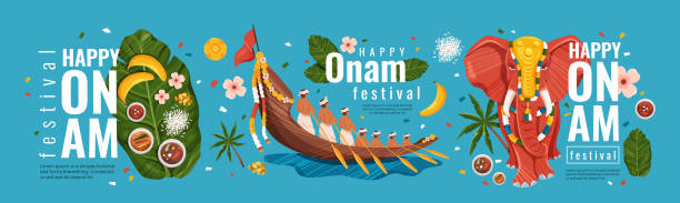 Happy Onam Festival concept Happy Onam Festival concept. Colorful vertical banner with elephant, boat with Indians, traditional food on leaf and inscriptions. Design element for greeting cards. Cartoon flat vector collection kerala south india stock illustrations