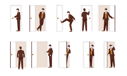 A business man closes the doors, opens the doors, stands thoughtfully in front of the doors. Vector illustration of scenes with a door. Symbols of choice and life situations.