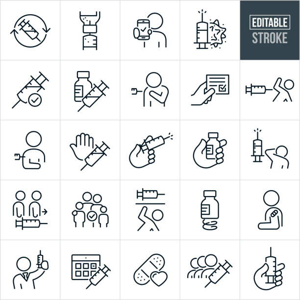 Vaccine Thin Line Icons - Editable Stroke A set of vaccine icons that include editable strokes or outlines using the EPS vector file. The icons include a vaccine booster, syringe drawing medicine from vial, person showing vaccine status on mobile phone, syringe with Covid-19 virus, vaccinated symbol, vaccine syringe and vial with vaccine, person getting vaccine in arm, vaccine card, person afraid of vaccine, person refusing vaccine, child getting vaccine shot, hand holding syringe, hand holding vaccine vial, people in line to get vaccine, family fully vaccinated, person with bandage on arm after getting vaccine, medical professional holding syringe, vaccine appointment, mass vaccination and other related icons. law clipart stock illustrations