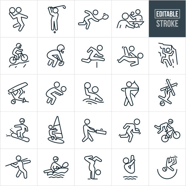 A set of sports icons that include editable strokes or outlines using the EPS vector file. The icons include a basketball player jumping for a slam dunk, golfer hitting ball with club, tennis player hitting ball, two people playing table tennis, mountain biker climbing mountain, football center hiking ball, hurdler jumping hurdle, soccer player doing a windmill kick, rock climber free climbing rock face, wakeboarder doing trick, volleyball player hitting ball, water polo athlete throwing ball, archer shooting bow and arrow, aerialist skier doing trick, snowboarder snowboarding, wind surfer competing, cricket player hitting ball, rugby player running with ball, BMX rider doing trick on bike, athlete throwing javelin, kayaker kayaking, gymnast doing floor routine, sports diver diving and a skateboarder in half-pipe.
