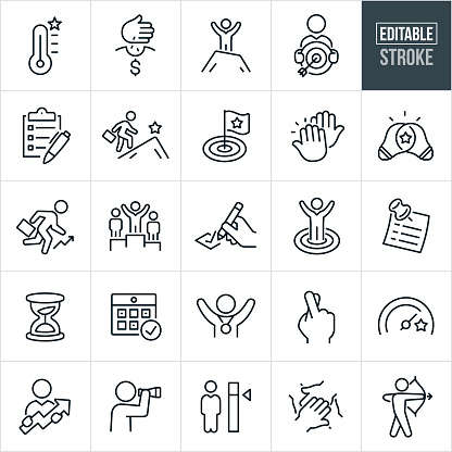 A set of business goals related icons that include editable strokes or outlines using the EPS vector file. The icons include a goal thermometer meter, hand planting seeds to grow into financial success, a person standing atop a mountain with arms up, business person holding a target with an arrow in the bulls-eye, checklist of goals, business person with briefcase climbing mountain, flag in a bulls-eye, high-five, business person on an upwards trajectory, business person on top of winners podium, list of goals, hour glass, calendar, person with winners medal, fingers crossed, person searching with binoculars and other goal concept related icons.