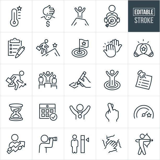 Goals Thin Line Icons - Editable Stroke A set of business goals related icons that include editable strokes or outlines using the EPS vector file. The icons include a goal thermometer meter, hand planting seeds to grow into financial success, a person standing atop a mountain with arms up, business person holding a target with an arrow in the bulls-eye, checklist of goals, business person with briefcase climbing mountain, flag in a bulls-eye, high-five, business person on an upwards trajectory, business person on top of winners podium, list of goals, hour glass, calendar, person with winners medal, fingers crossed, person searching with binoculars and other goal concept related icons. prosperity stock illustrations