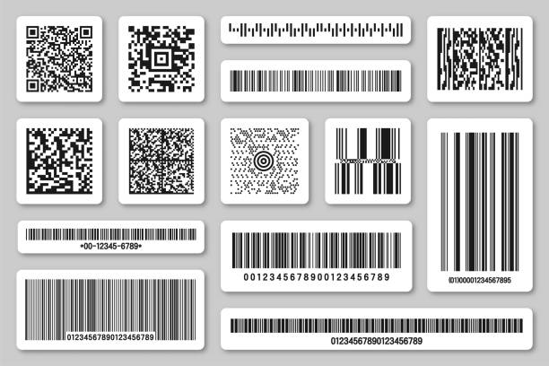 illustrazioni stock, clip art, cartoni animati e icone di tendenza di set di codici a barre del prodotto e codici qr. codice di tracciamento dell'identificazione. numero di serie, id prodotto con informazioni digitali. etichette di scansione del negozio o del supermercato, cartellino del prezzo. illustrazione vettoriale - codice a barre