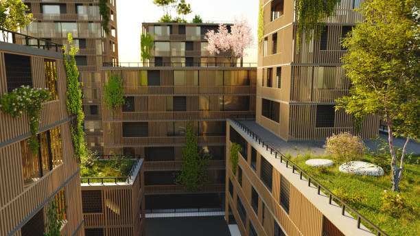 Green buildings High angle view of a sustainable green office or housing complex apartment balcony garden stock pictures, royalty-free photos & images