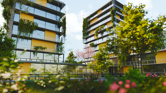 A sustainable green office or housing complex as seen from a living roof