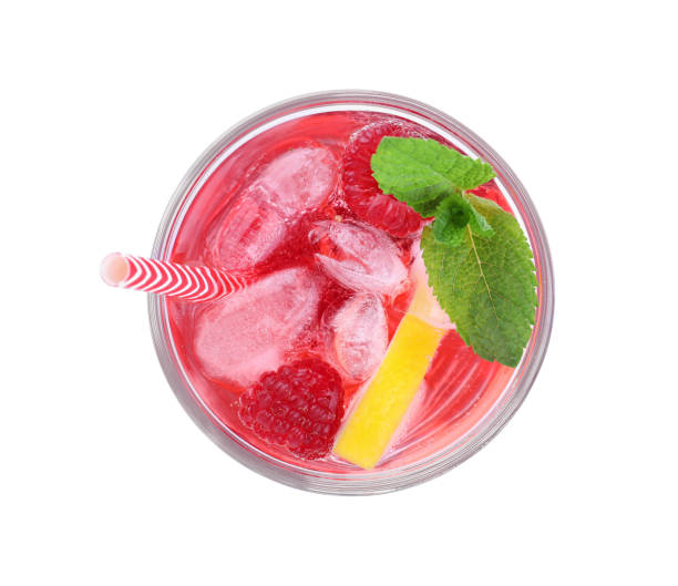 istock Delicious raspberry lemonade made with soda water isolated on white, top view 1365679079