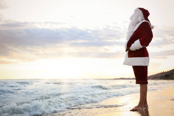 istock Santa Claus on beach, space for text. Christmas vacation 1365679099