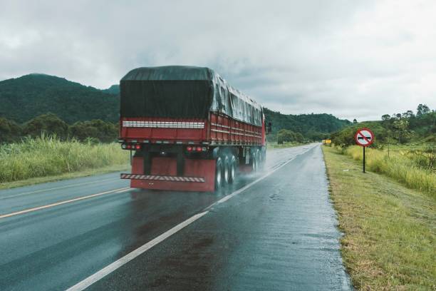 Cargo truck passing fast along the highway on a rainy day. In the background, the rainforest. Cargo truck passing fast along the highway on a rainy day. In the background, the rainforest. Ribeira Valley, São Paulo, Brazil. heavy rainfall stock pictures, royalty-free photos & images