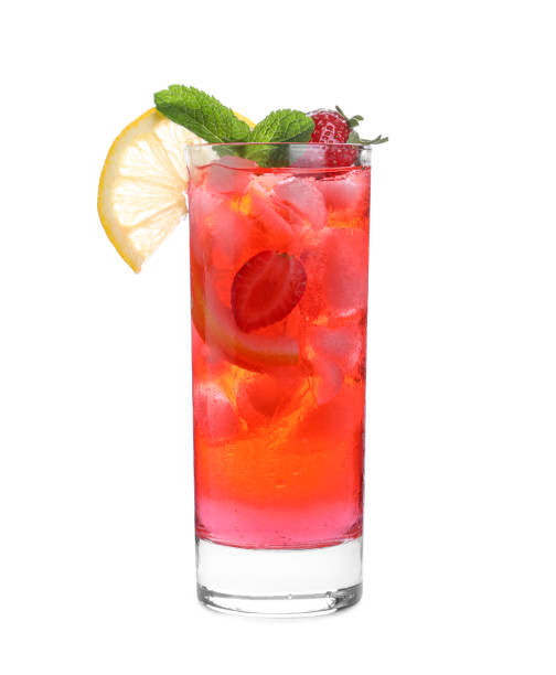 istock Delicious strawberry lemonade made with soda water isolated on white 1365680891